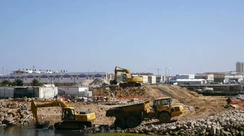Construction Site Diggers Digging Pond Stock Footage 10898720
