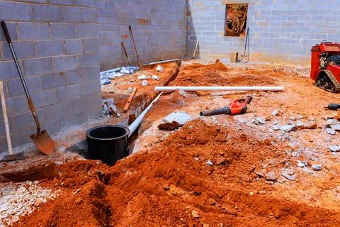 Construction site with dirt, tools, materials for building structure in pro.. Stock Photos