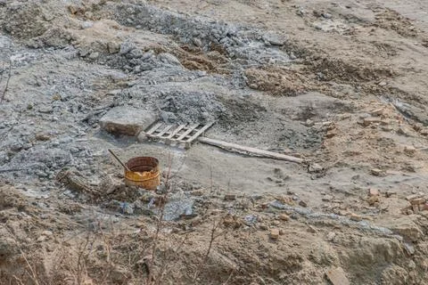 Construction Site in Disarray with Tools and Debris Stock Photos