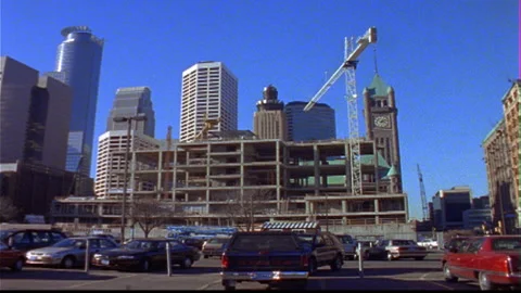 Construction site downtown -up at Cranes Timelapse Stock Footage 145617385