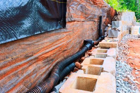 Construction site drainage system with concrete blocks pipe installation re.. Stock Photos