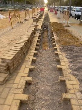 Construction site during the installation of electrical conduits. Stock Photos