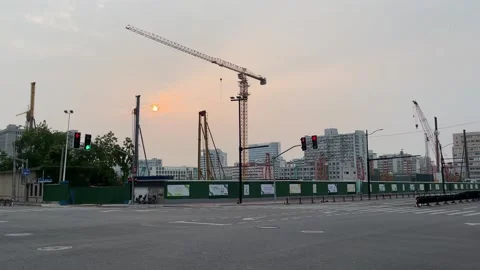 Construction site at dusk in Shanghai under lockdown Stock Footage 197409701