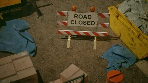 Construction site elements with road closed sign and dust particles, 3D Stock Footage 277865691