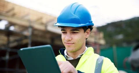Construction site, engineer and man with tablet, building design or quality.. Stock Photos