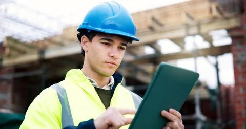 Construction site, engineer and man with tablet outdoor, building design or.. Stock Photos