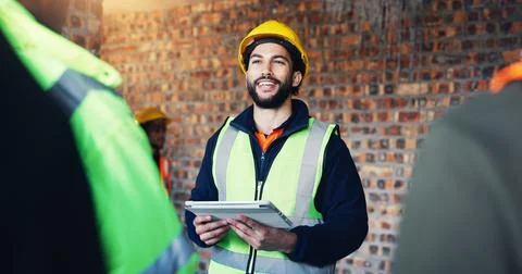 Construction site, engineering and man with smile, tablet for online schedu.. Stock Photos