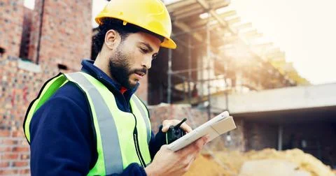 Construction site, engineering and man with radio, tablet for online schedu.. Stock Photos