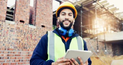 Construction site, engineering and man with portrait, tablet for online sch.. Stock Photos