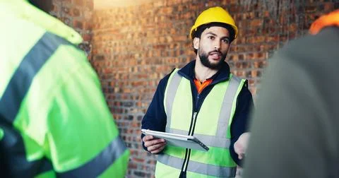 Construction site, engineering and man with discussion, tablet for online s.. Stock Photos