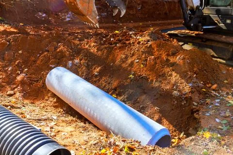 Construction site equipment at work on underground pipe installation Stock Photos