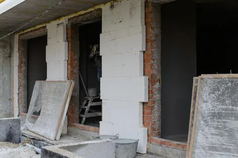 Construction site - external insulation Facade therm. heat-saving technologies Stock Photos