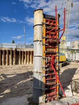 Construction site featuring bridge pier construction with modular shutterin.. Stock Photos