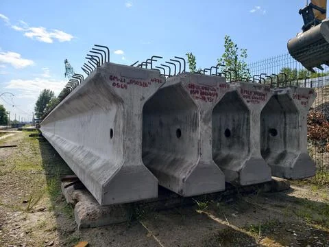 Construction site featuring huge precast reinforced concrete elements for b.. Stock Photos