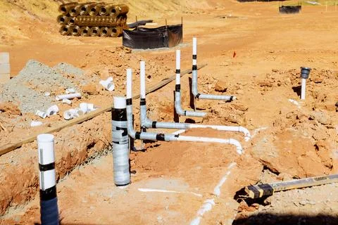 Construction site featuring newly installed PVC pipes for plumbing in a Stock Photos