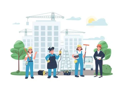 Construction site female workers flat color vector illustration Illustrazione stock