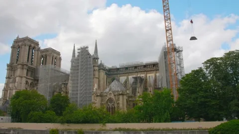 Construction Site Of Fire Damaged Building Of Notre-Dame de Paris Cathedral Stock Footage 158299301