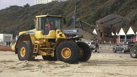 Construction Site Forklift Tractor Lifting Heavy Duty Pipe Stock Footage 149126740