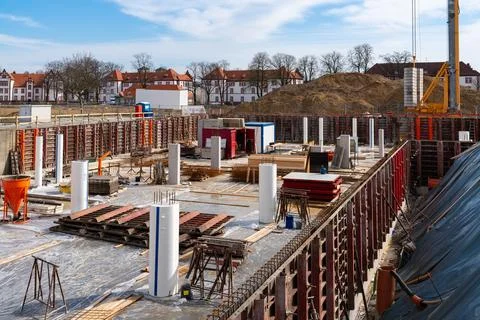 Construction site with foundation construction starting Stock Photos