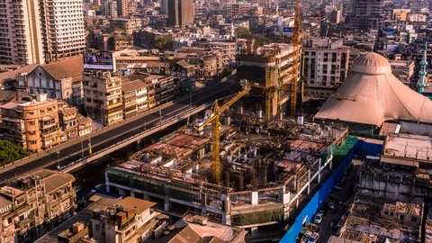 Construction site in front of an elevated highway road in Mumbai Stock Footage 119138119