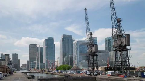 Construction site in front of skycrapers - time lapse - Canary Wharf, London Stock Footage 64003331