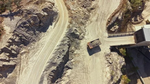 Construction site with heavy machinery and dirt paths in a mining area during Stock Footage 344095476