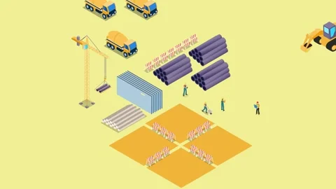 Construction Site with Heavy Machinery, Building Materials, and Workers 3d .. Stock Footage 305012398