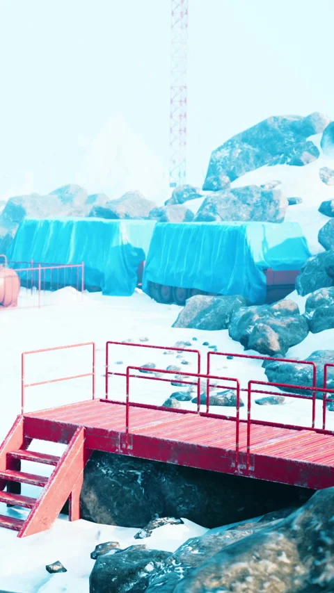 Construction site on ice with red platform and large rocks in background Stock Footage 337975744