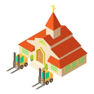 Construction site icon isometric vector. Two forklift near church building icon Illustration