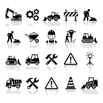 Construction site icon set featuring excavator, bulldozer, dump truck, work.. Stock Illustration