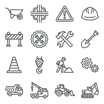 Construction site icons set with wheelbarrow, hard hat, traffic cone, crane.. Stock Illustration