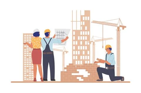 Construction site. Industrial workers architects, builders, vector illustration Stock Illustration