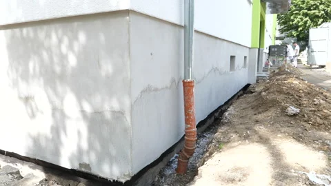 Construction site - insulation of a buildings foundation Stockbeeldmateriaal 248769790