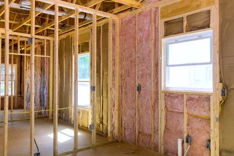 Construction site interior walls being framed in new building under developme Stock Photos