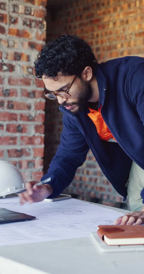 Construction site, laptop or man with writing for blueprint correction, drawing Stock Footage 337022084