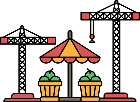 A construction site with a large umbrella and two baskets of fruit Stock Illustration