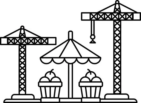 A construction site with a large umbrella and two baskets of fruit Stock Illustration