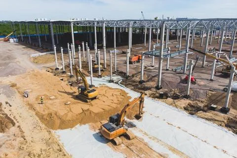 Construction site of a large warehouse storage building and logistics cente.. Fotos de archivo