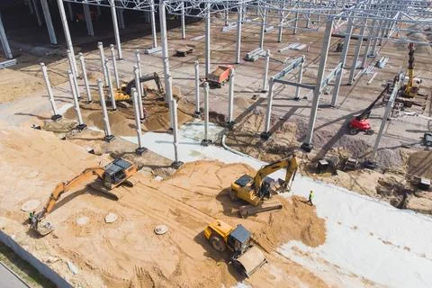 Construction site of a large warehouse storage building and logistics cente.. Stock Photos