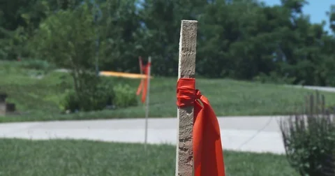 Construction Site Lath Marking the Right of Way Stock Footage 78112666