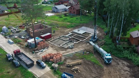 Construction site. Laying of slabs, bricks, concrete mortar. Stock Footage 167590675