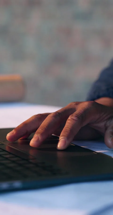 Construction site, man and hands scroll on laptop for progress report, building Stock Footage 340898319