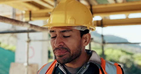 Construction site, man and sneeze with flu for building, renovation and civil Stock Footage 336223696