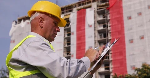 Construction Site Manager Calculates Data Using Adding Machine and Clipboard Stock-Footage 83657896