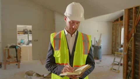 The Construction Site Manager is thoroughly reviewing plans and notes for the Видео 307479183