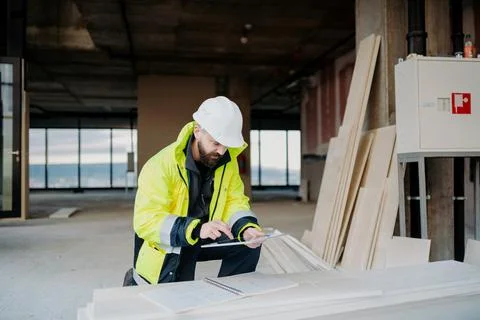 Construction site manager using digital tablet to inspect building progress. 스톡 사진
