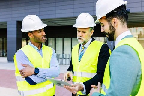 Construction site manager using tablet while having a discussion with colleagues 写真素材