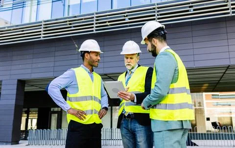 Construction site manager using tablet while having a discussion with colleagues 写真素材