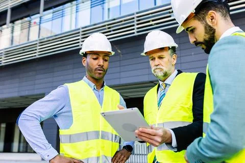 Construction site manager using tablet while having a discussion with colleagues Stock Photos