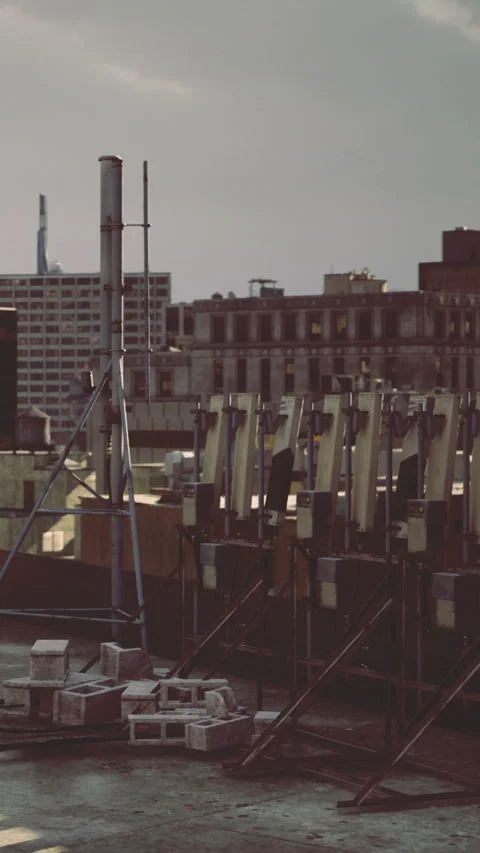Construction site with materials and equipment on a building rooftop Stock Footage 331686003